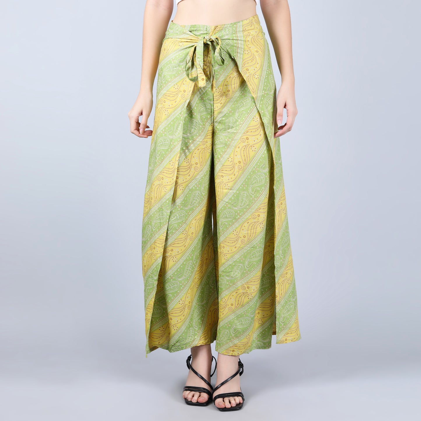 rayon-cotton-wrap-pants-for-tying-around-the-waist-with-Indian-inspired-yellow-green-symmetrical-design