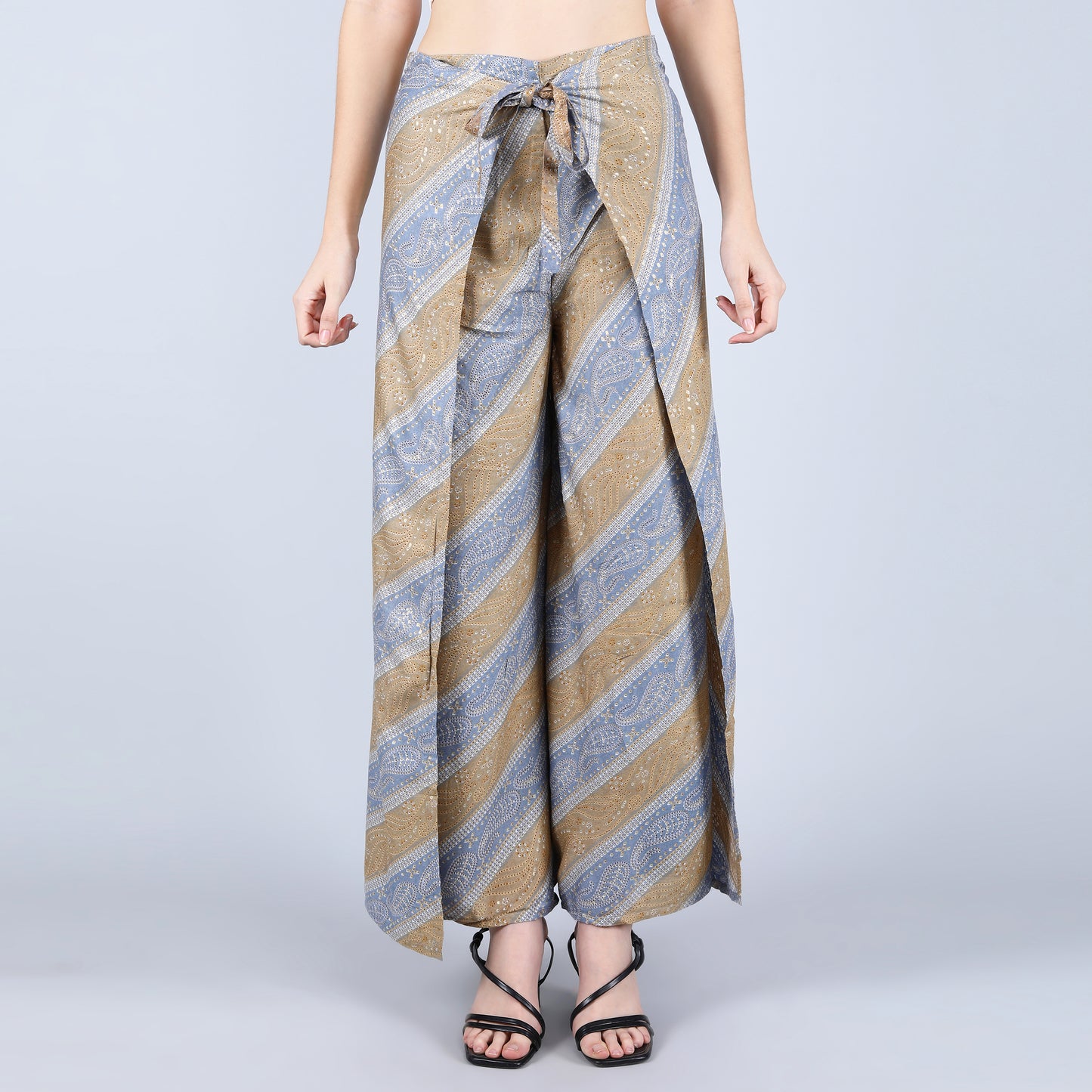 rayon-cotton-wrap-pants-for-tying-around-the-waist-with-Indian-inspired-grey-gold-symmetric-pattern