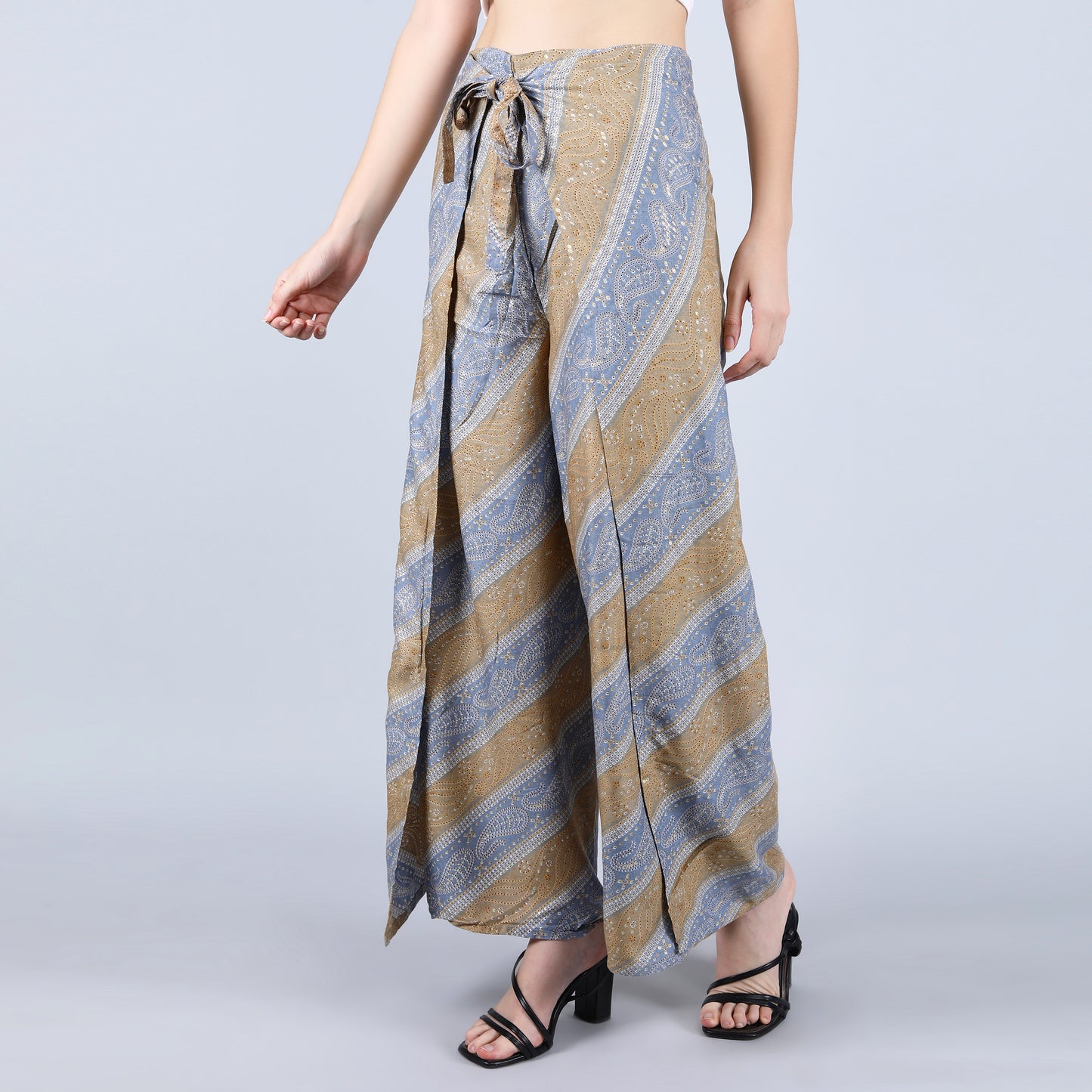 rayon-cotton-wrap-pants-for-tying-around-the-waist-with-Indian-inspired-grey-gold-symmetric-pattern