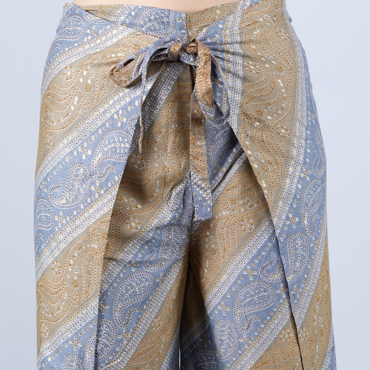 rayon-cotton-wrap-pants-for-tying-around-the-waist-with-Indian-inspired-grey-gold-symmetric-pattern