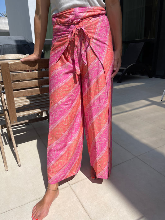 rayon-cotton-wrap-pants-for-tying-around-the-waist-with-Indian-inspired-pink-orange-symmetrical-design