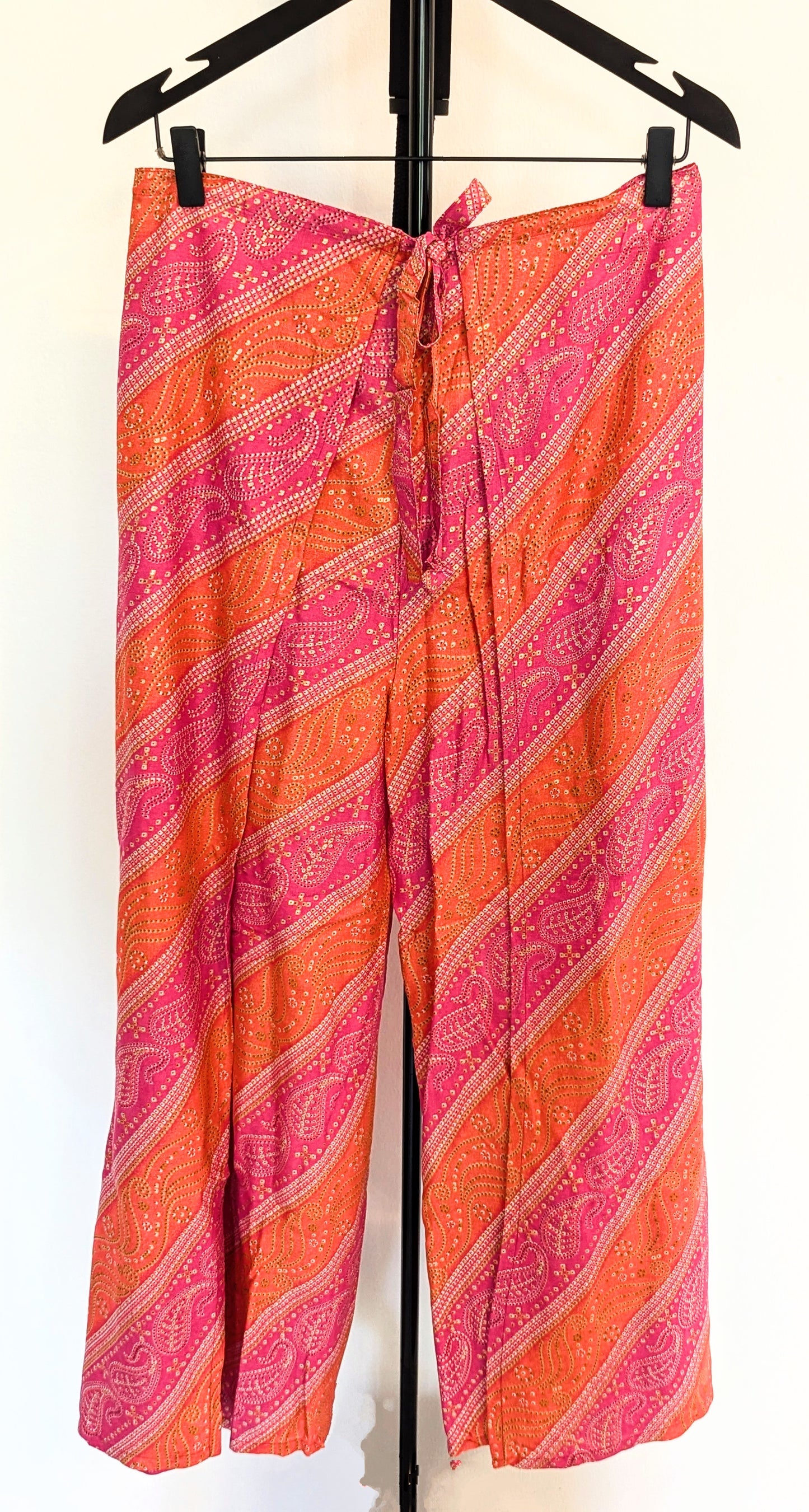 rayon-cotton-wrap-pants-for-tying-around-the-waist-with-Indian-inspired-pink-orange-symmetrical-design