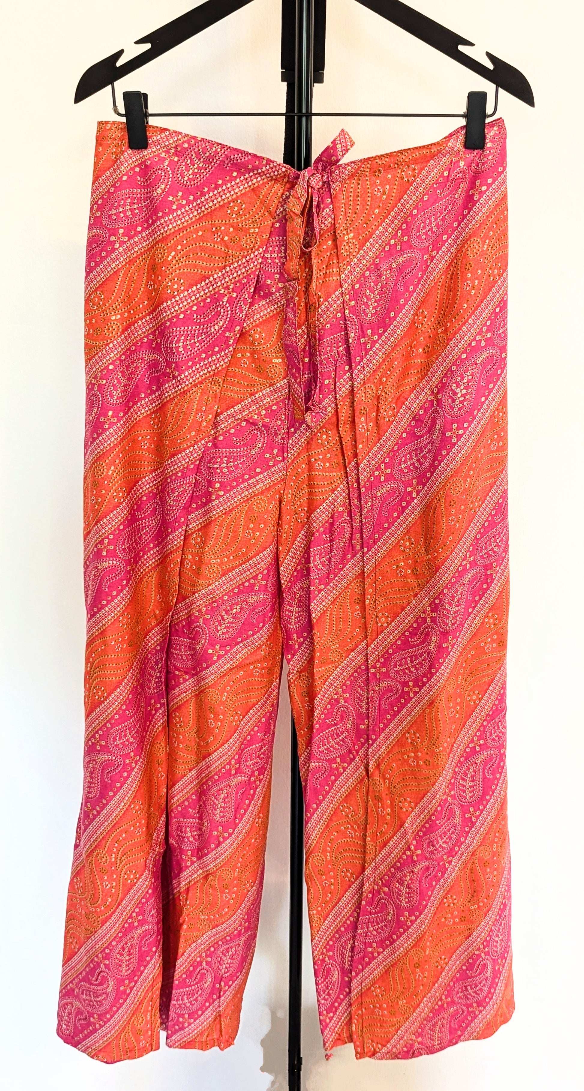 rayon-cotton-wrap-pants-for-tying-around-the-waist-with-Indian-inspired-pink-orange-symmetrical-design