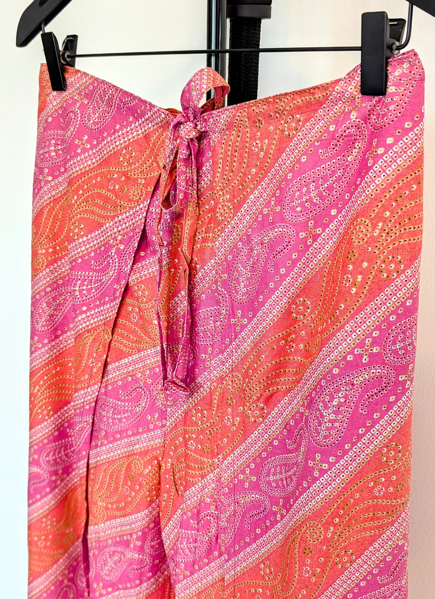 rayon-cotton-wrap-pants-for-tying-around-the-waist-with-Indian-inspired-pink-orange-symmetrical-design