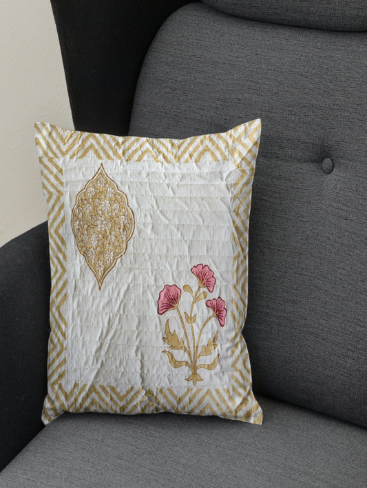 quilted cushion cover with beige flower design made from pure cotton for cushion size 40 x 40 cm