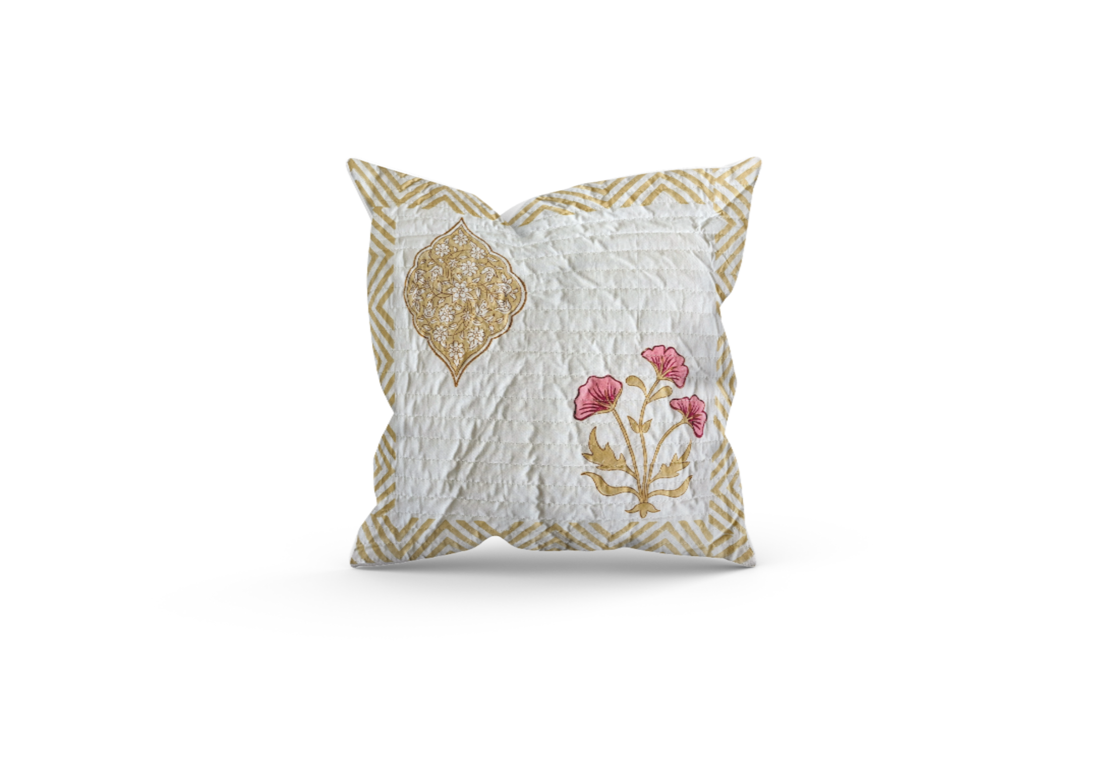 quilted cushion cover with beige flower design made from pure cotton for cushion size 40 x 40 cm