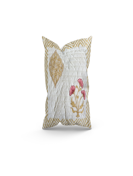 quilted cushion cover with beige flower design made from pure cotton for cushion size 40 x 40 cm