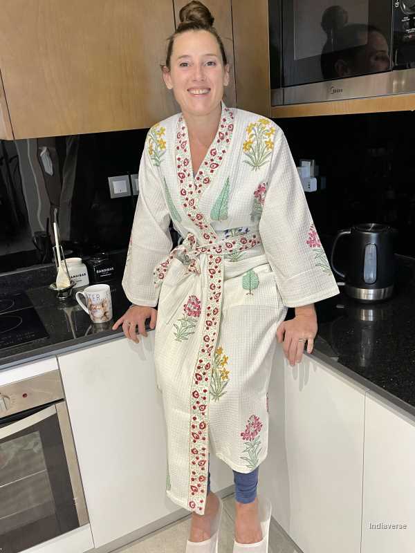 Waffle cotton bathrobe hand block printed design with multi colored flowers and cypress tree in free size