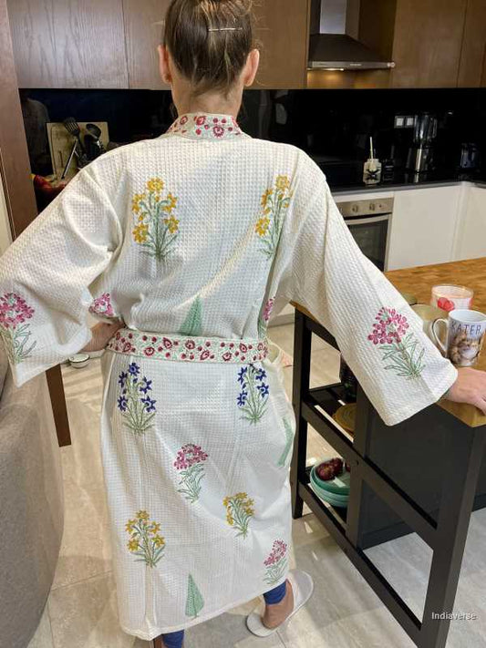 Waffle cotton bathrobe hand block printed design with multi colored flowers and cypress tree in free size