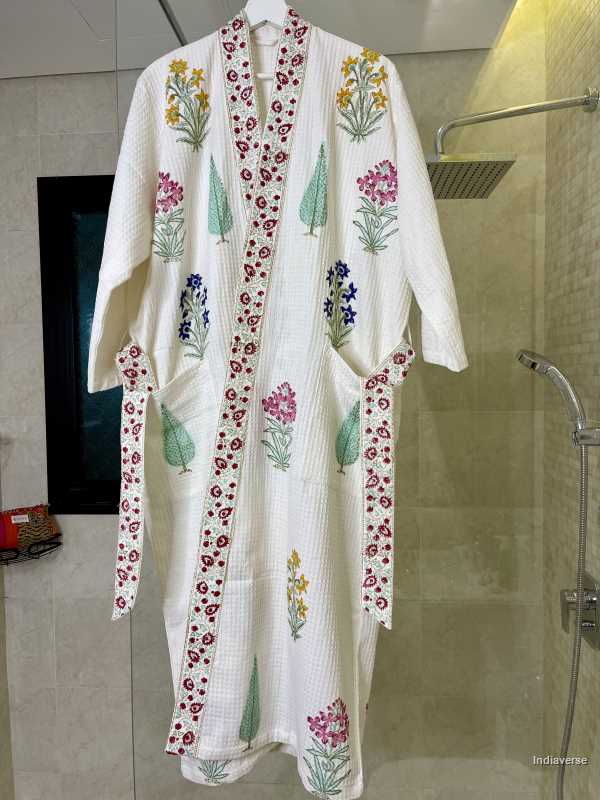 Waffle cotton bathrobe hand block printed design with multi colored flowers and cypress tree in free size