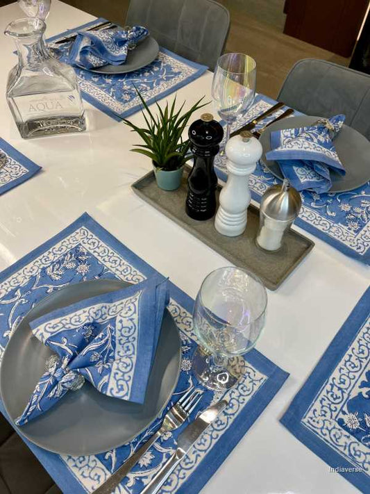 Blue white placemat napkin set for 6 people dining table with hand block printed blue floral design 