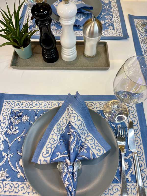 blue white placemat napkin set for 6 people dining table with hand block printed blue floral design 