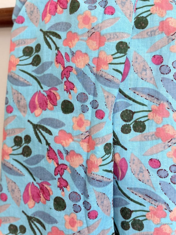 close up of blue cotton scarf with floral design