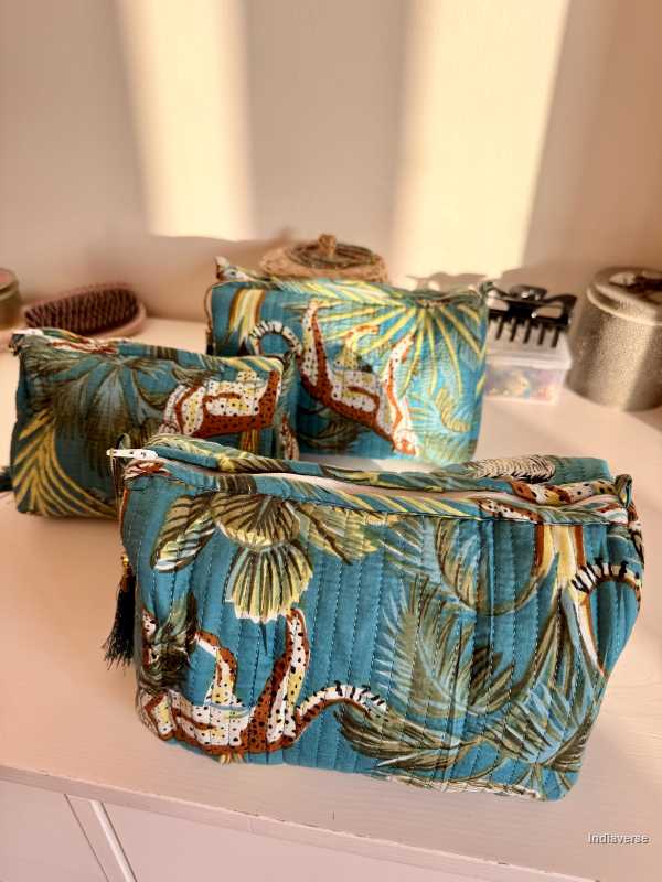 set of three blue pouches with jungle and animal print | Blue Jungle