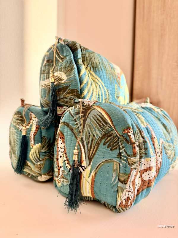 set of three blue pouches with jungle and animal print | Blue Jungle
