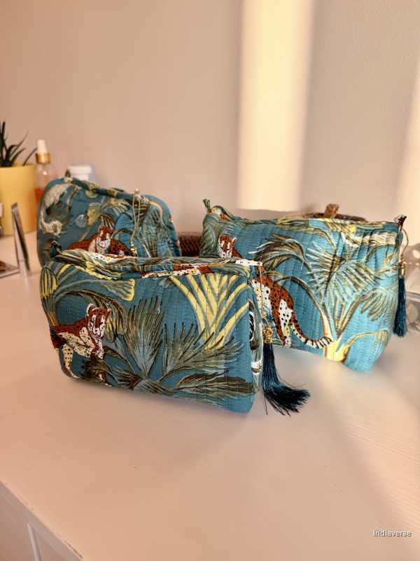 set of three blue pouches with jungle and animal print | Blue Jungle