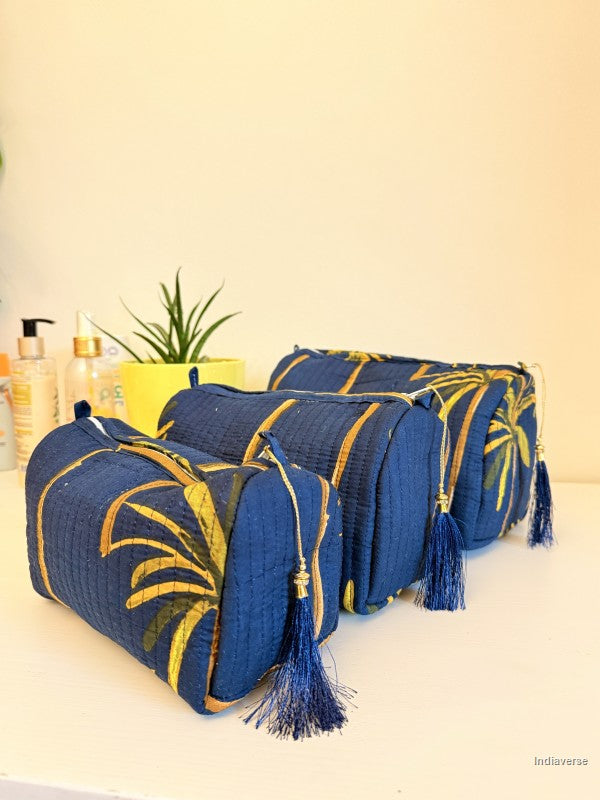 a set of identical blue pouches with tropical palm tree design| Blue Palm