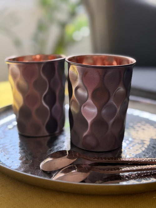 Pure copper tumbler made from burnished copper with hammered diamond shape for drinking water and gifting