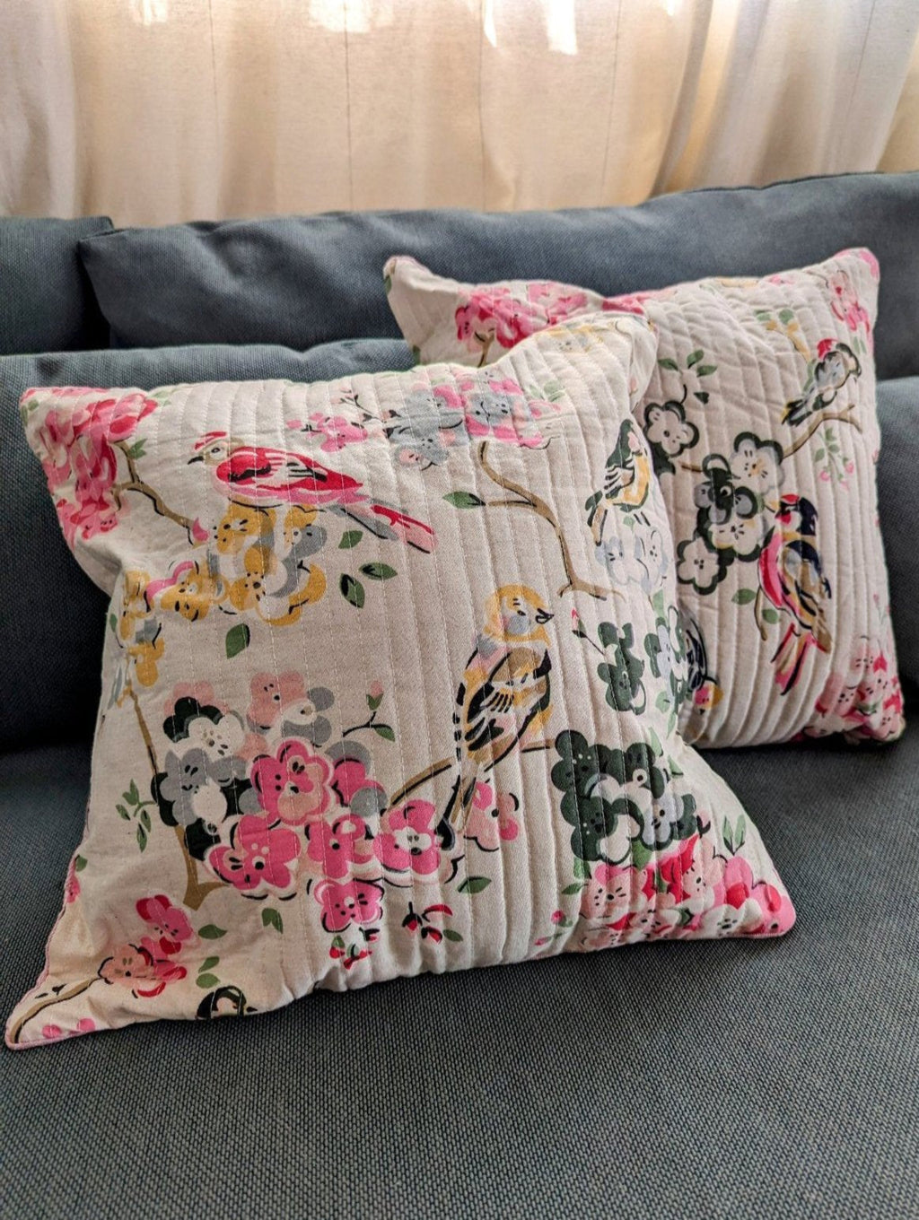 pure cotton quilted cushion cover with colorful birds and flower design for cushions  with 40 x 40 cm size perfect for the couch and sofa