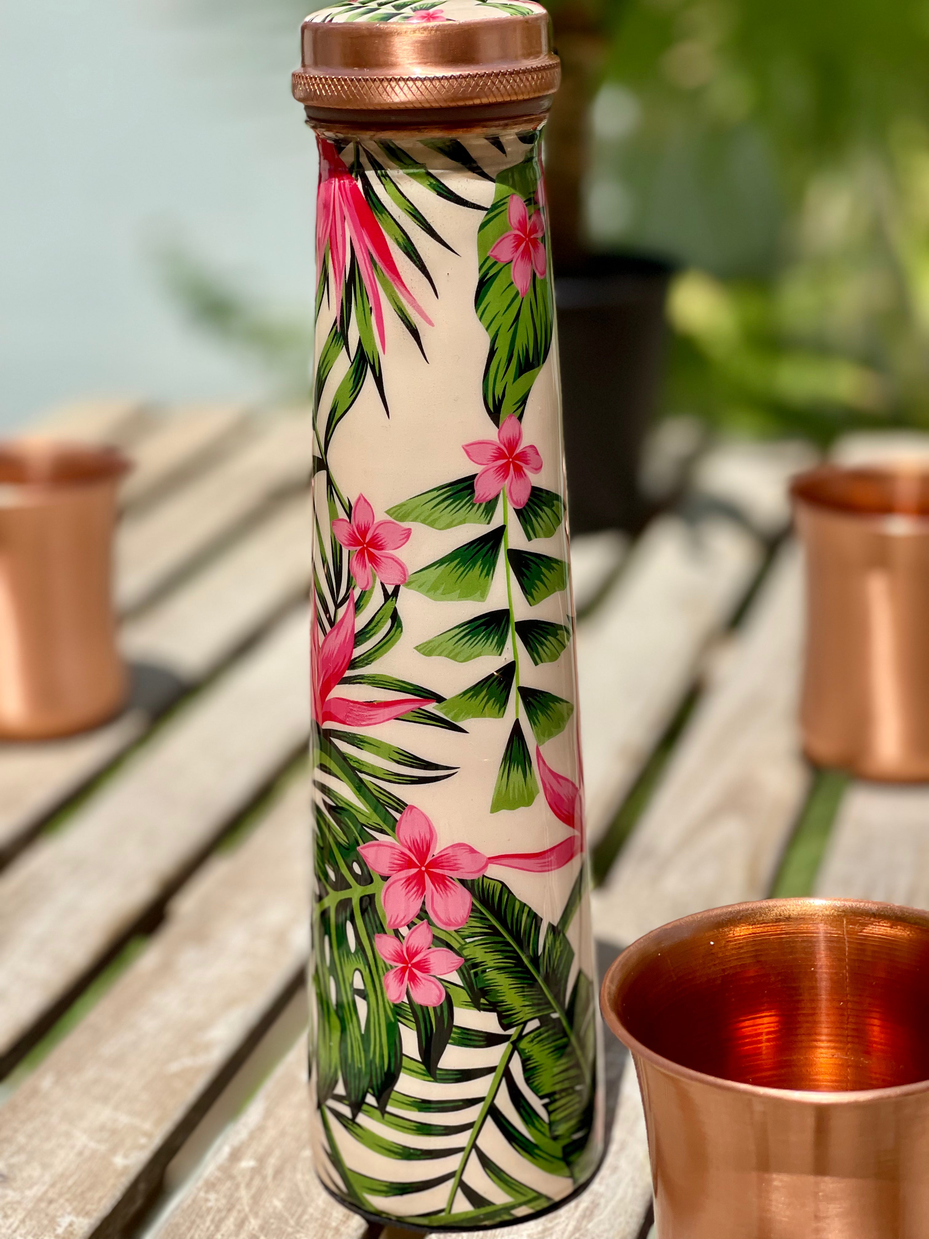 pure copper bottle tower shaped made and enameled with tropical pant design for keeping drinking water