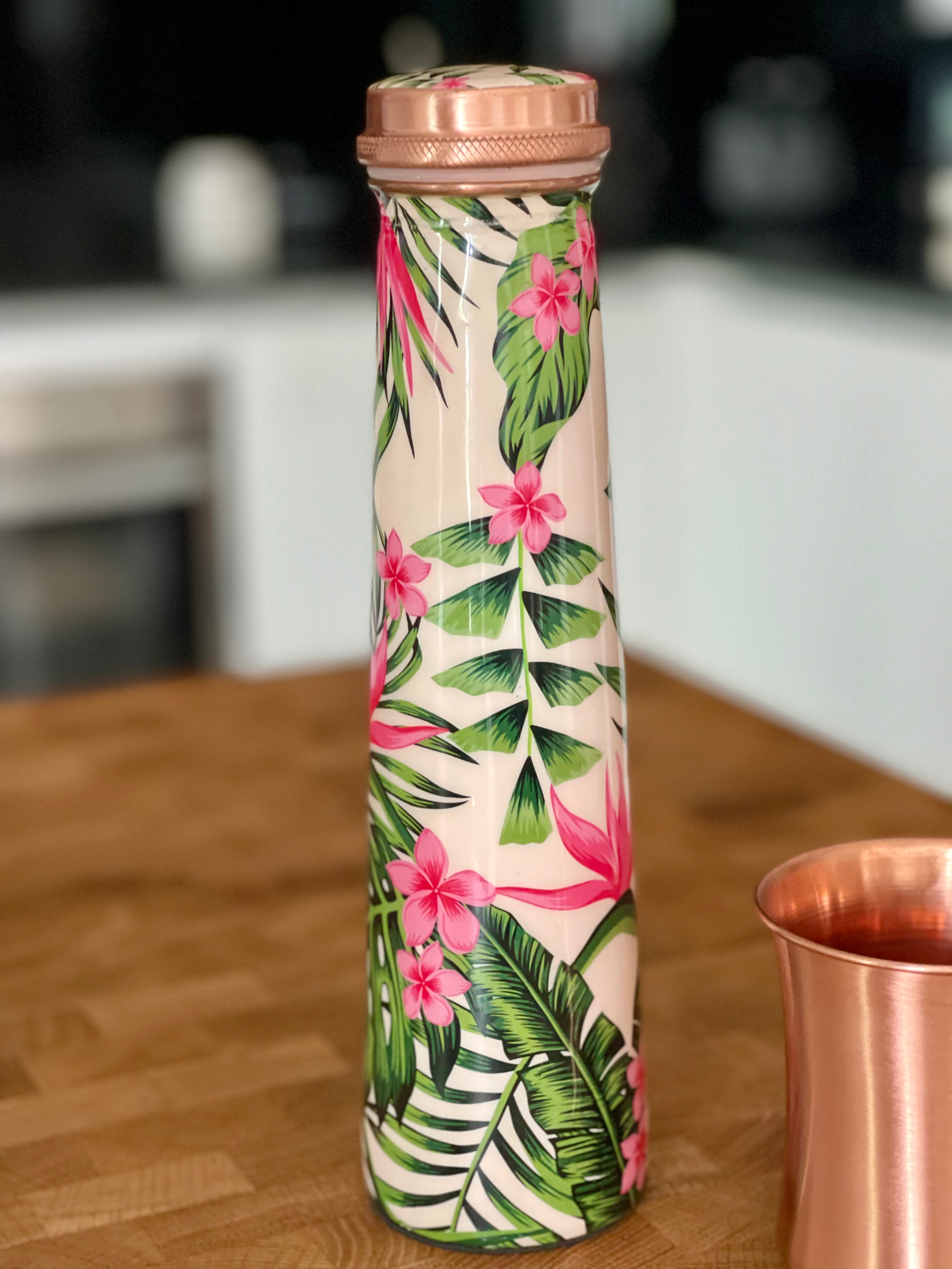 pure copper bottle tower shaped made and enameled with tropical pant design for keeping drinking water