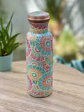 pastel colored enameled copper bottle with lid and with colorful ethnic design for drinking water up to 600 ml capacity