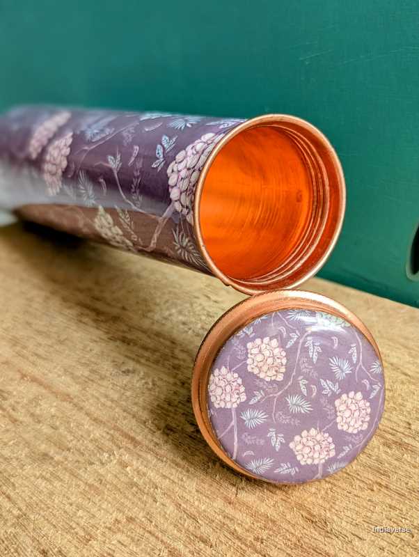 Enameled copper bottle in elegant tower shape with purple flower design with 700 ml capacity for drinking water