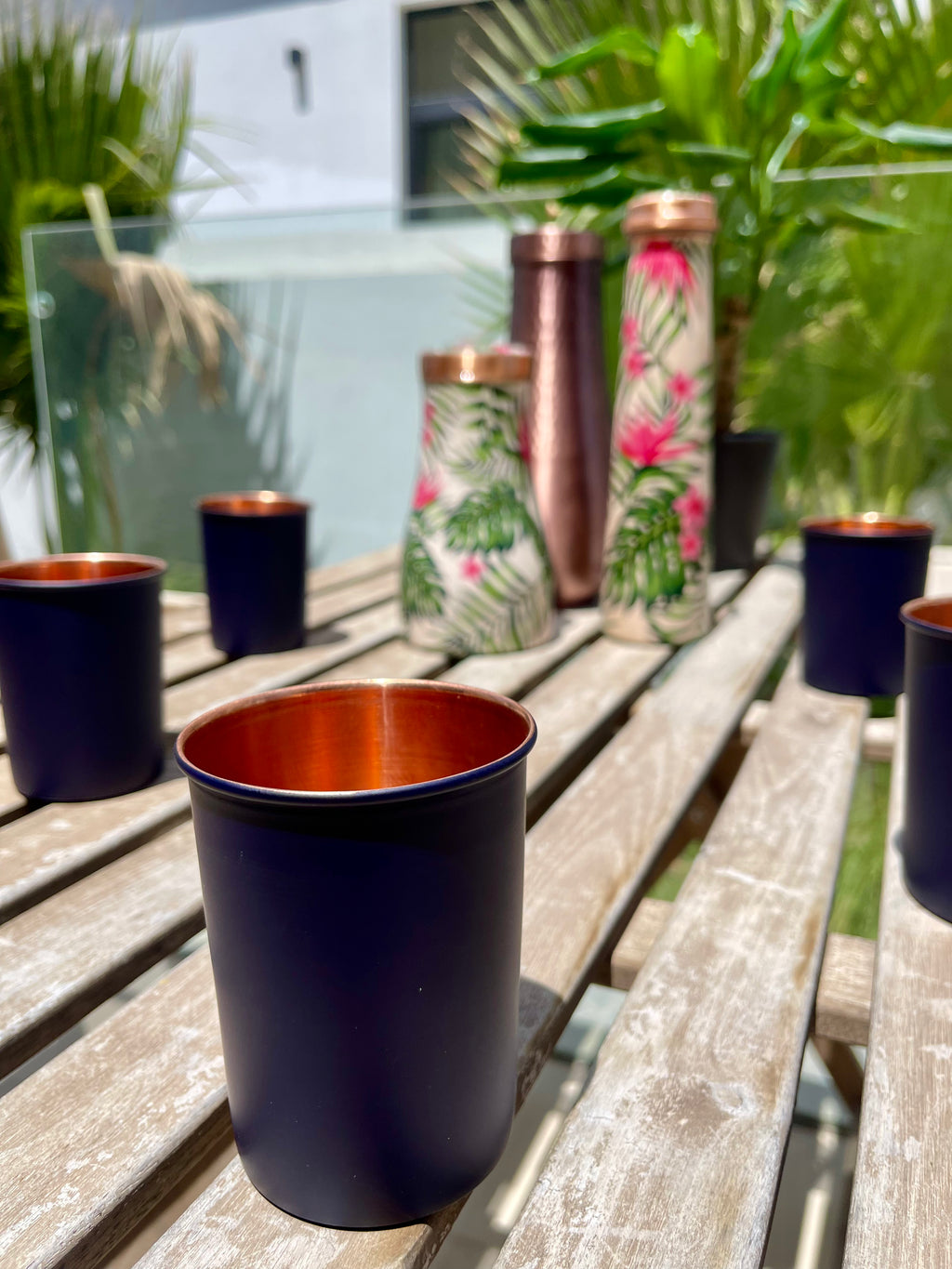 Mat enameled blue copper cup made from pure copper for drinking water