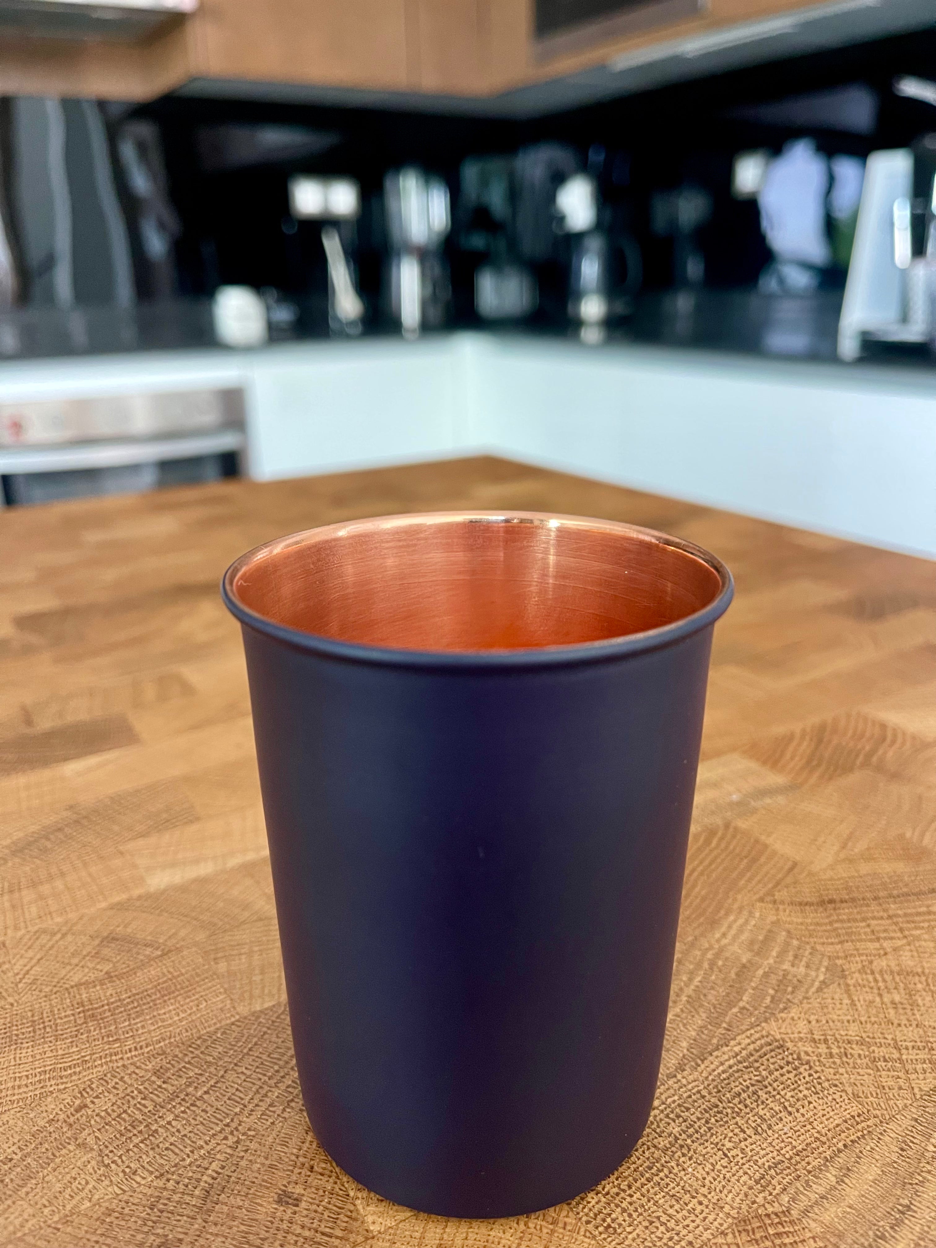 Mat enameled blue copper cup made from pure copper for drinking water