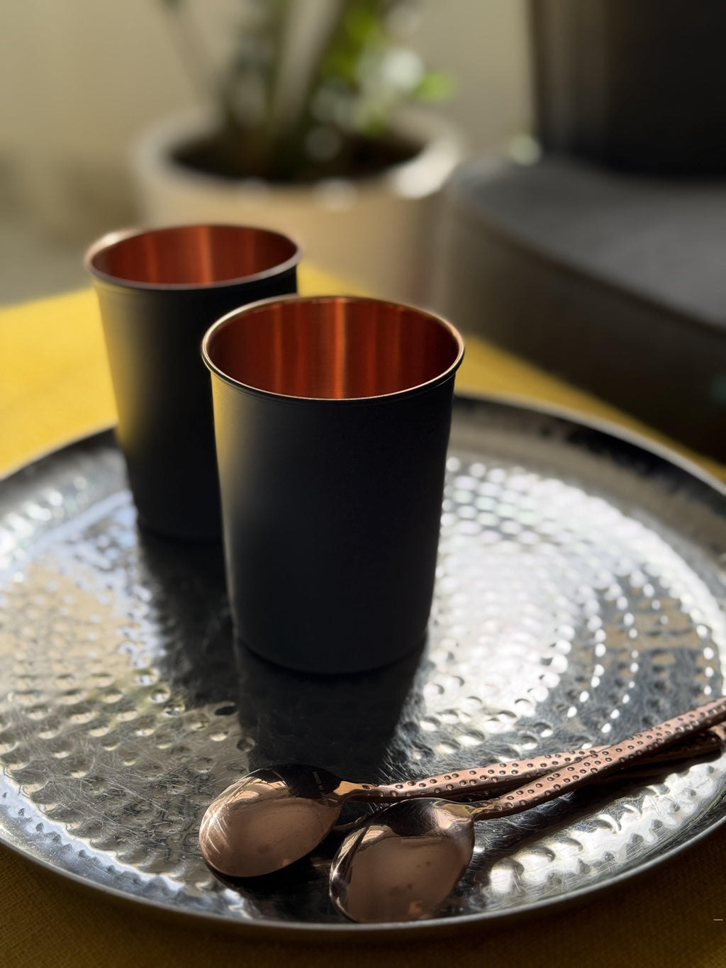 Mat enameled blue copper cup made from pure copper for drinking water