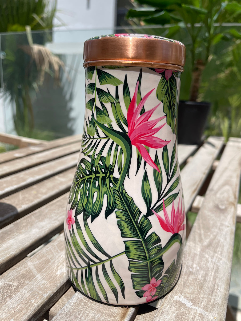 pure copper jar with lid and beautiful enameled floral details perfect for serving water and stylish addition to our home decor