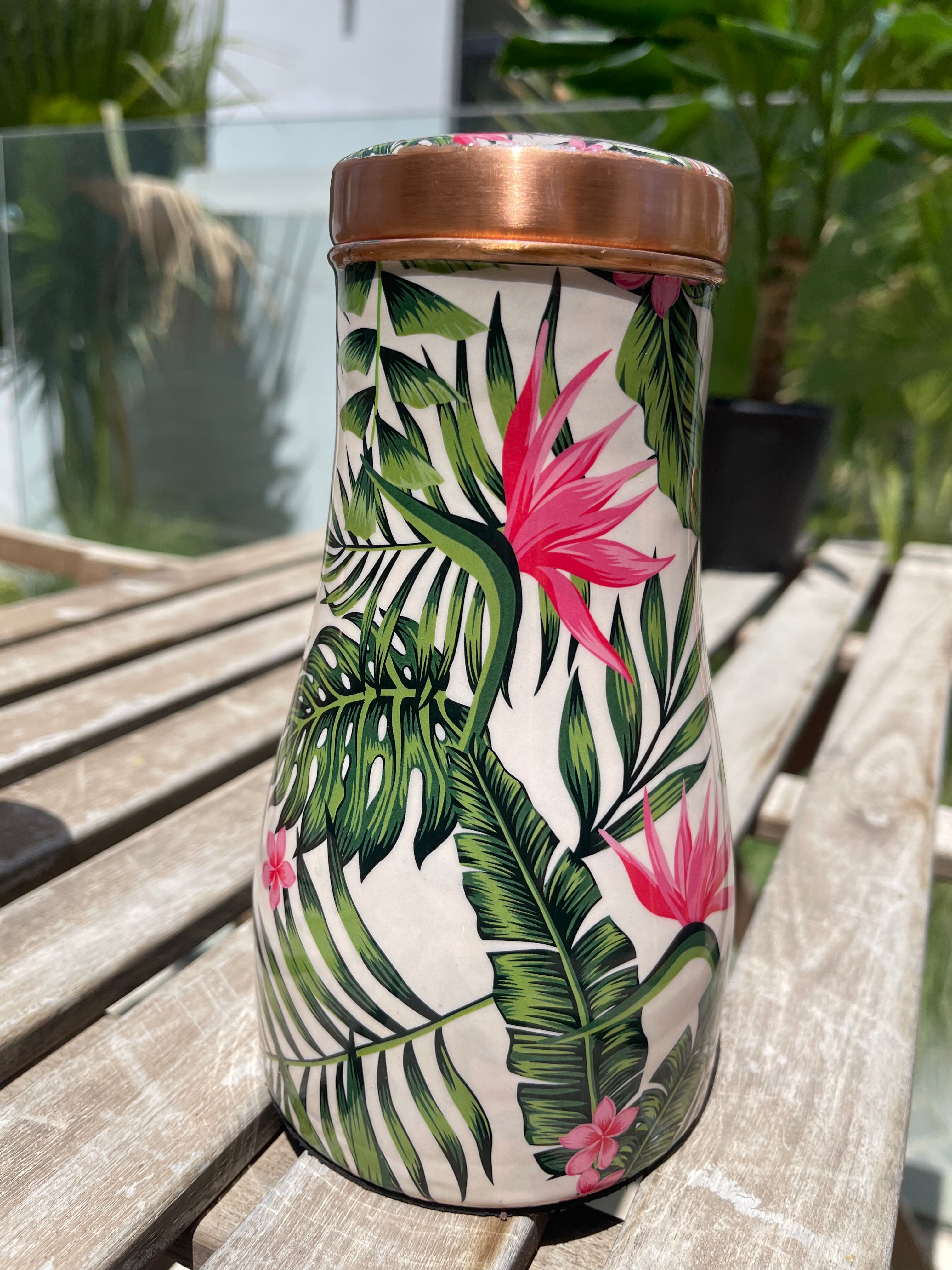 pure copper jar with lid and beautiful enameled floral details perfect for serving water and stylish addition to our home decor