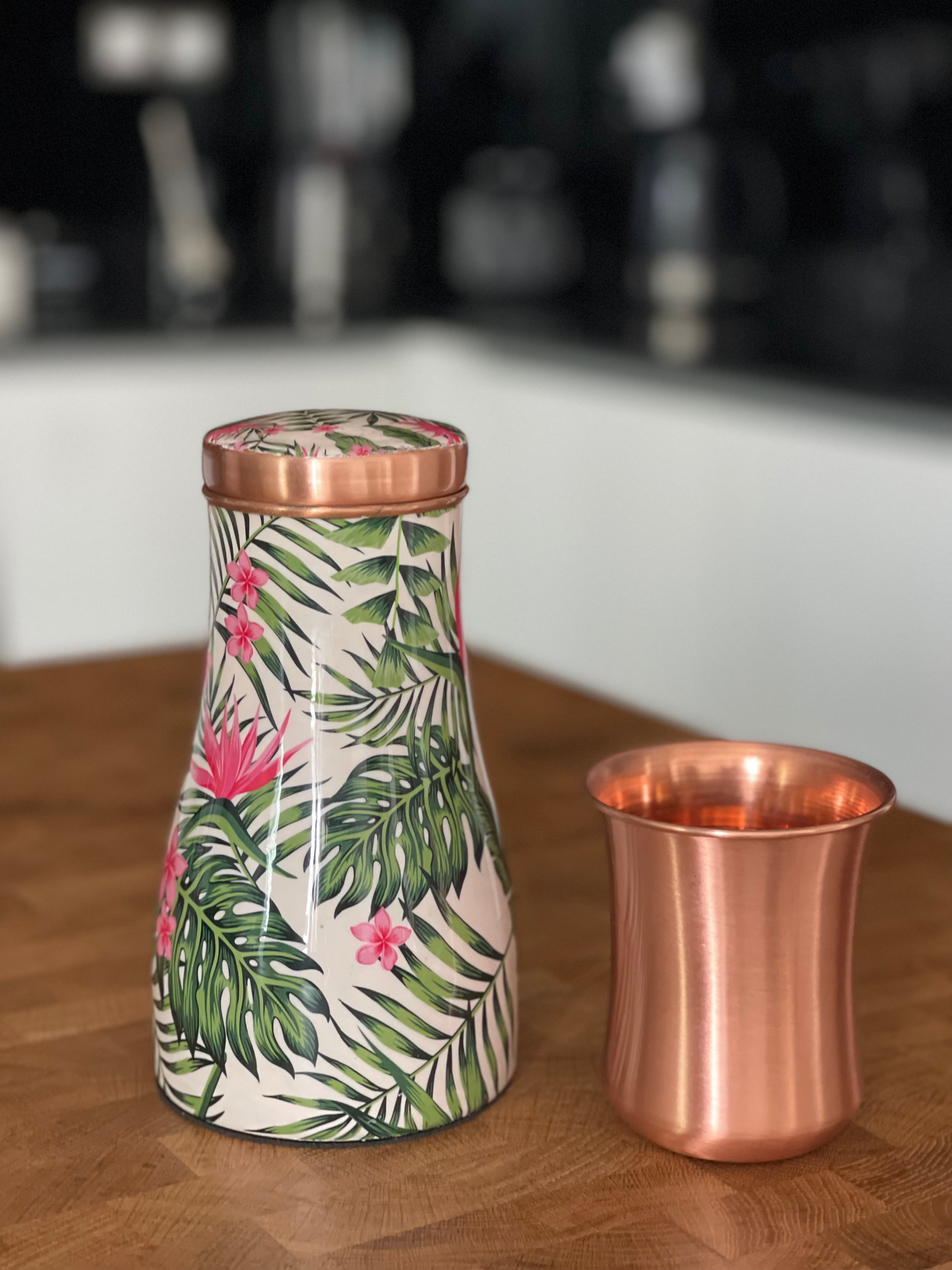 pure copper jar with lid and beautiful enameled floral details perfect for serving water and stylish addition to our home decor