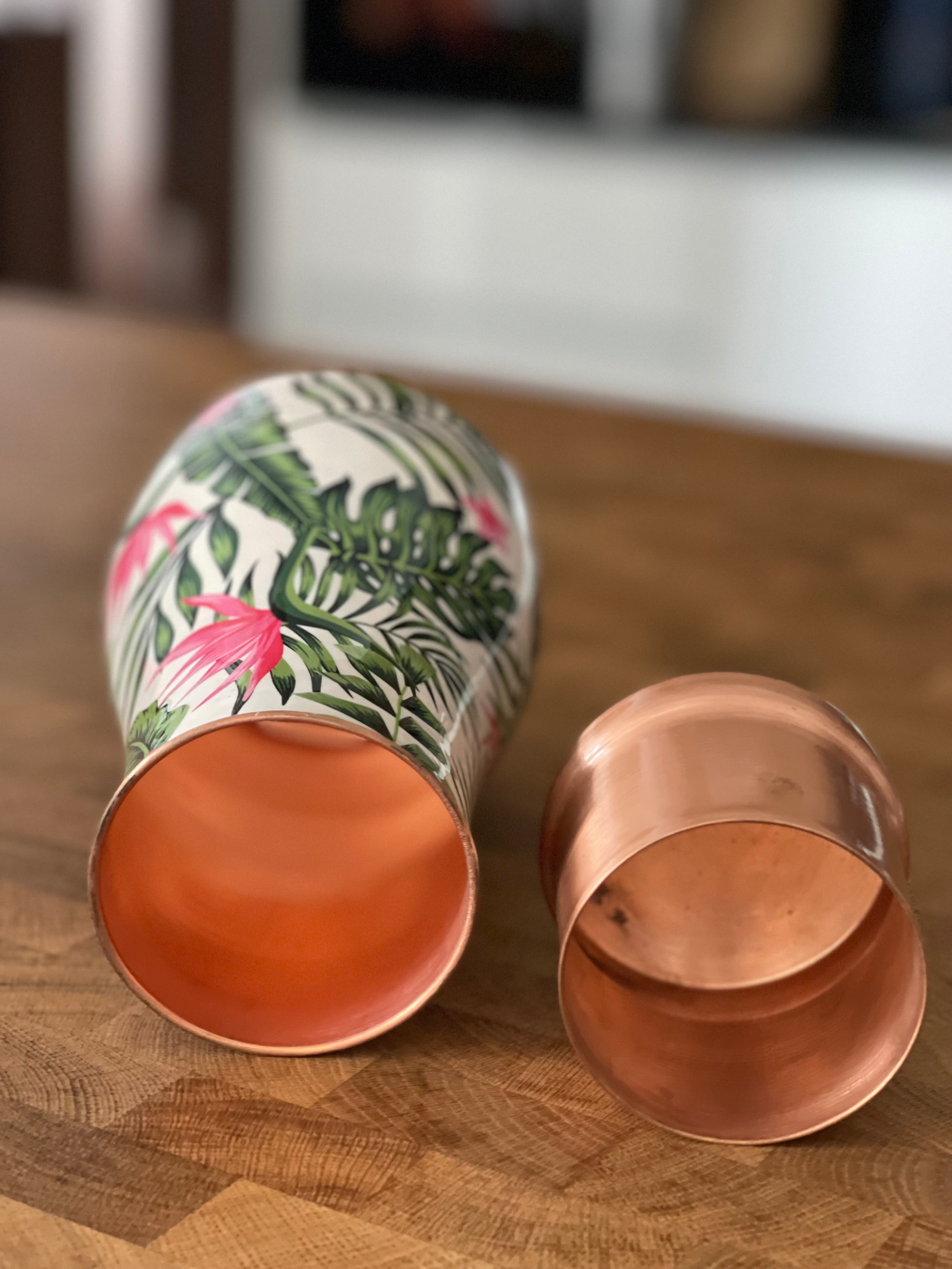pure copper jar with lid and beautiful enameled floral details perfect for serving water and stylish addition to our home decor