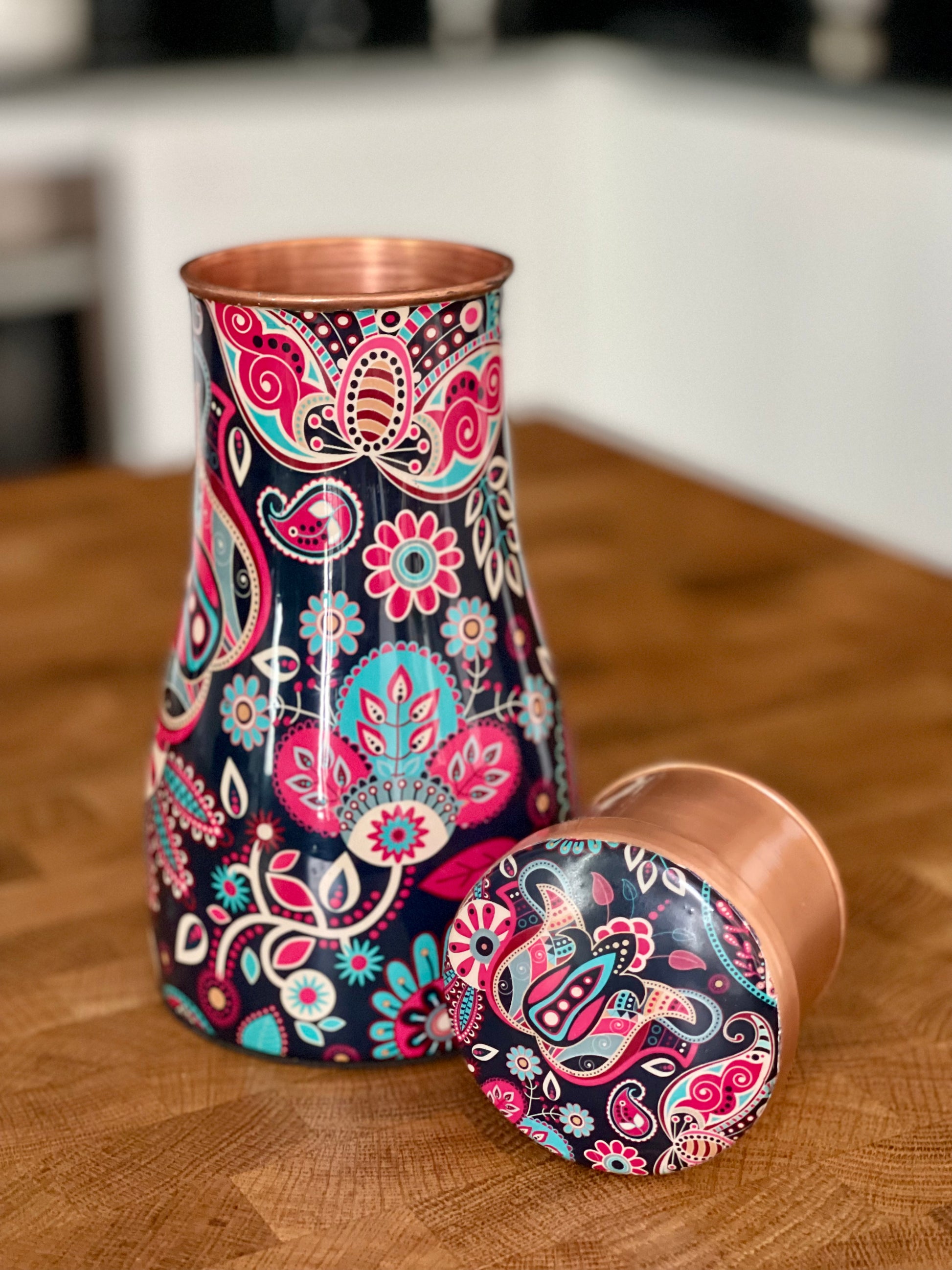 copper-jar-for-drinking-water-with-colorful-enameled-floral-design-and-lid