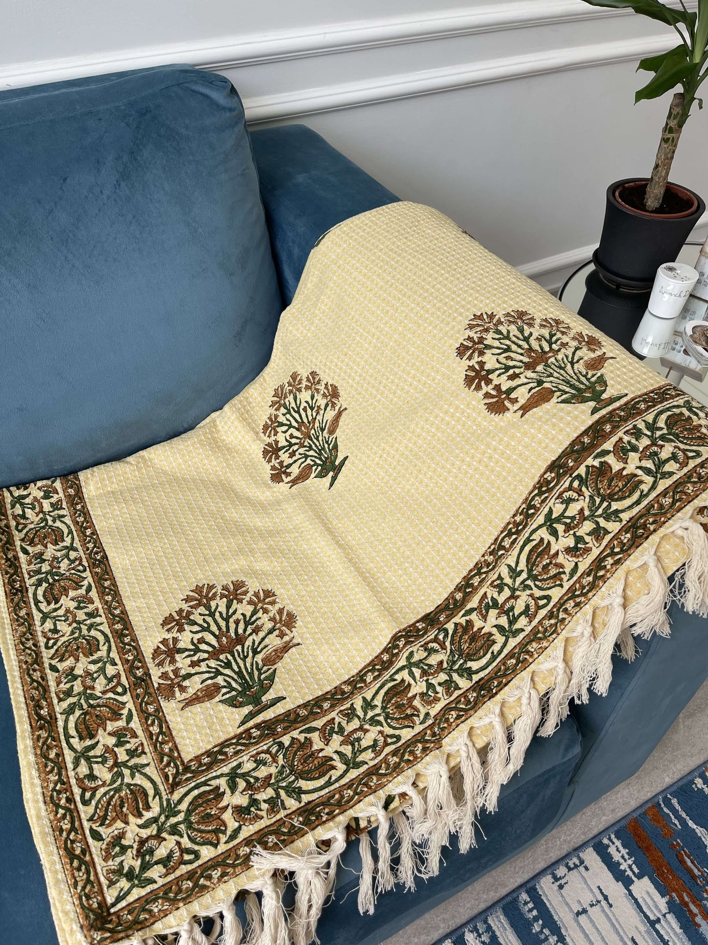 Indian-cotton-throw-for-the-sofa-with-hand-block-printed-flower-design-yellow-color