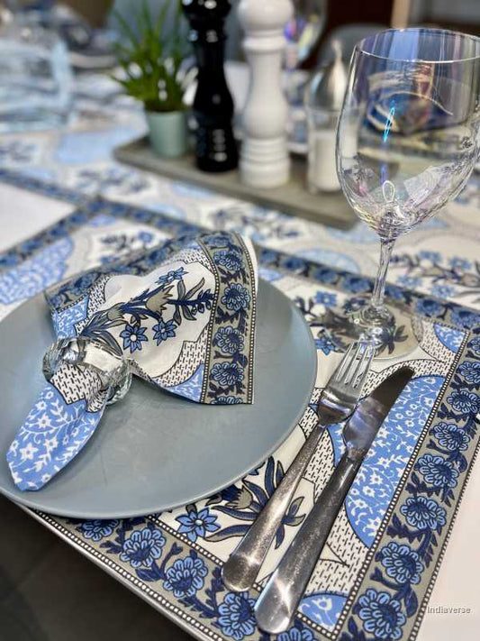 decadent blue flower design on cotton canvas placemat, napkin and runner set for 6 people dining table