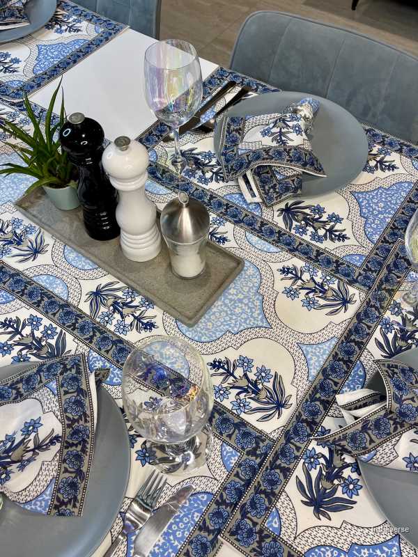 decadent blue flower design on cotton canvas placemat, napkin and runner set for 6 people dining table