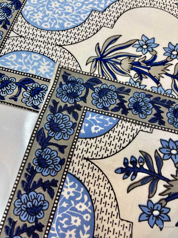 decadent blue flower design on cotton canvas placemat, napkin and runner set for 6 people dining table