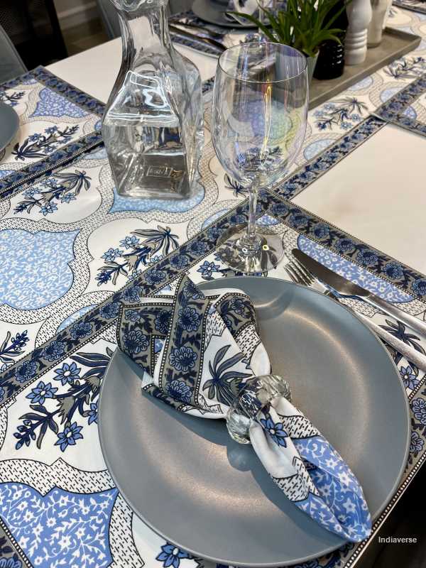 decadent blue flower design on cotton canvas placemat, napkin and runner set for 6 people dining table