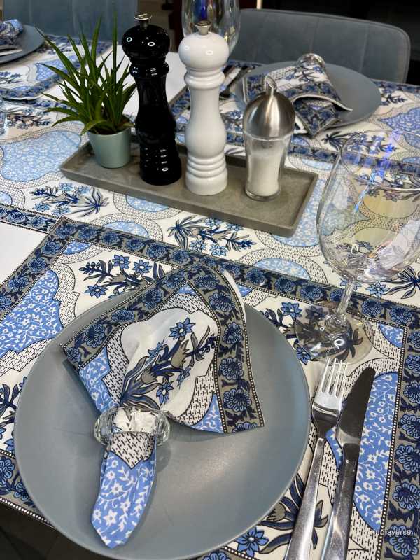 decadent blue flower design on cotton canvas placemat, napkin and runner set for 6 people dining table