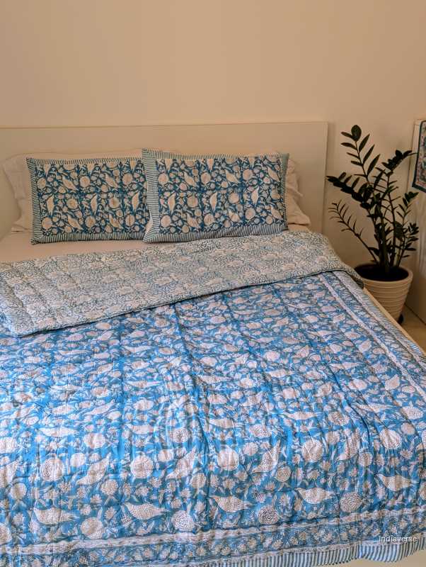 Handmade Double Quilt from Jaipur with bird design in blue color and two matching pillow cases hand block printed pure cotton perfect for queen or king size beds