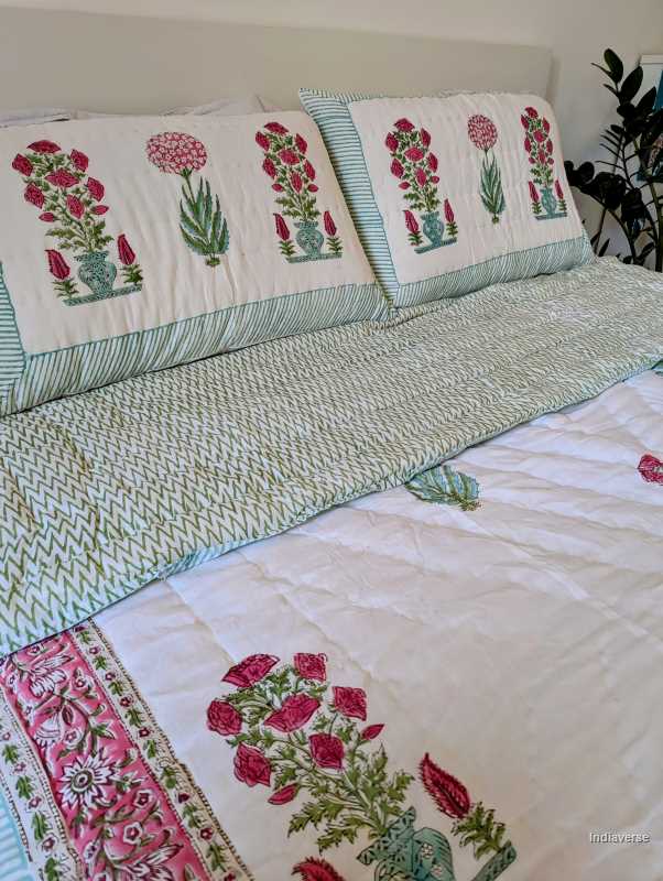Handmade Double Quilt from Jaipur with flower design in pink green color and two matching pillow cases hand block printed pure cotton perfect for queen or king size beds