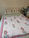 Handmade Double Quilt from Jaipur with flower design in pink green color and two matching pillow cases hand block printed pure cotton perfect for queen or king size beds