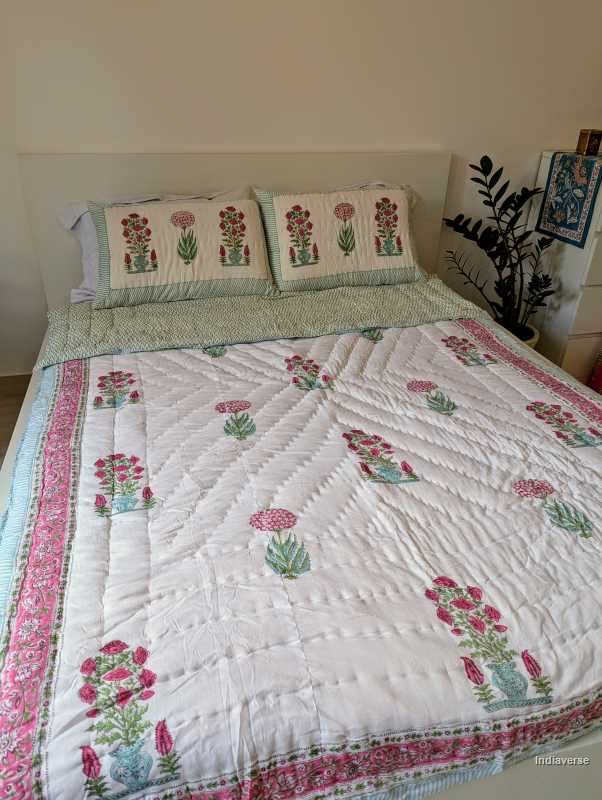 Handmade Double Quilt from Jaipur with flower design in pink green color and two matching pillow cases hand block printed pure cotton perfect for queen or king size beds
