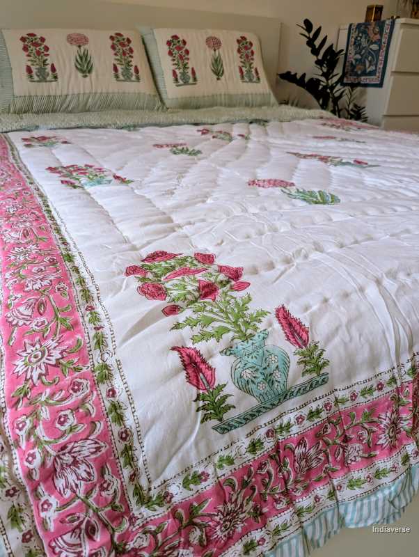Handmade Double Quilt from Jaipur with flower design in pink green color and two matching pillow cases hand block printed pure cotton perfect for queen or king size beds