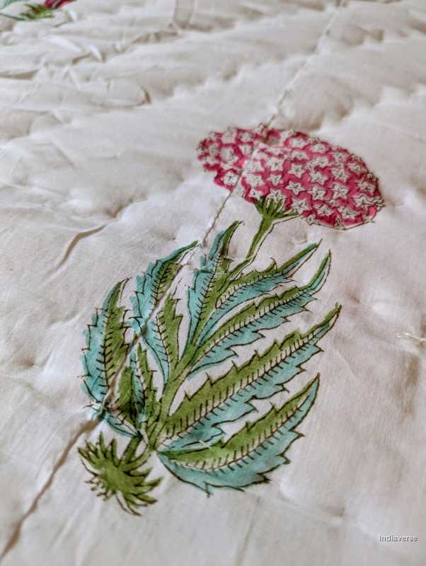 Handmade Double Quilt from Jaipur with flower design in pink green color and two matching pillow cases hand block printed pure cotton perfect for queen or king size beds