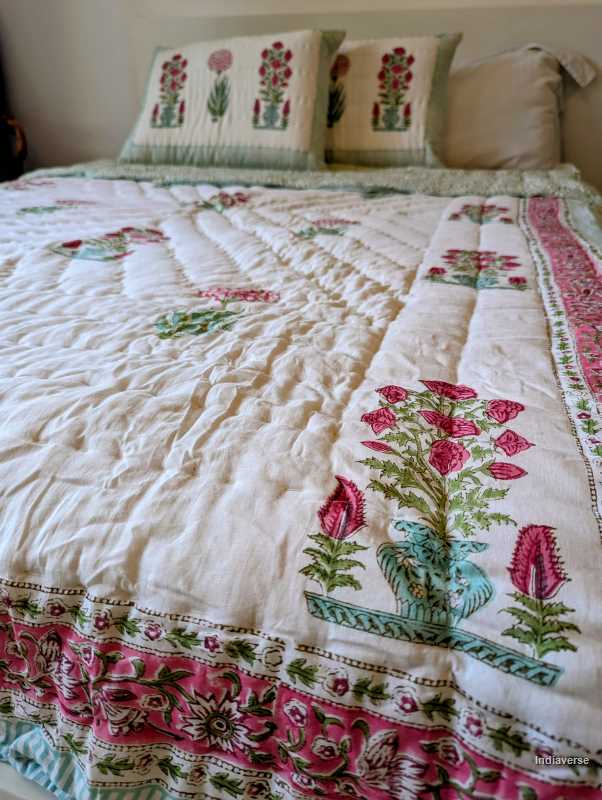 Handmade Double Quilt from Jaipur with flower design in pink green color and two matching pillow cases hand block printed pure cotton perfect for queen or king size beds