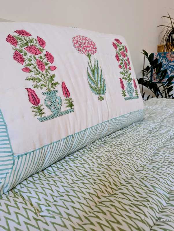 Handmade Double Quilt from Jaipur with flower design in pink green color and two matching pillow cases hand block printed pure cotton perfect for queen or king size beds