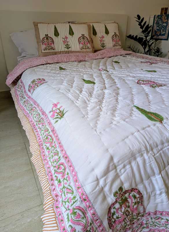 Handmade Double Quilt from Jaipur with peacock and flower design in pink color and two matching pillow cases hand block printed pure cotton perfect for queen or king size beds